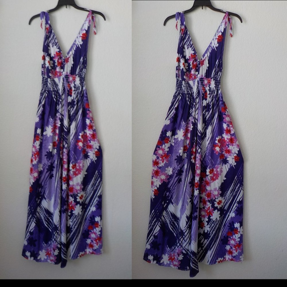 Floral Maxi Cover Up Dress M Purple Elastic Waist